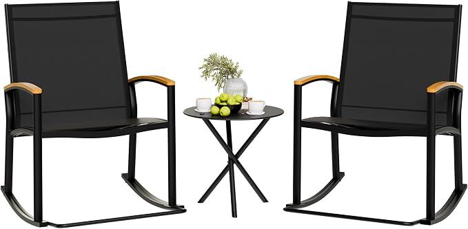 Shintenchi 3 Piece Outdoor Rocking Bistro Set, Textilene Fabric Small Patio by Shintenchi