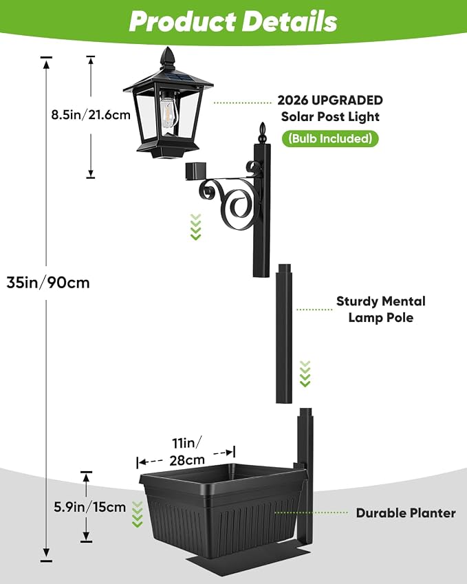 2 in 1 Outdoor Flower Pots, 35” Solar Lamp Post Light - Image 6