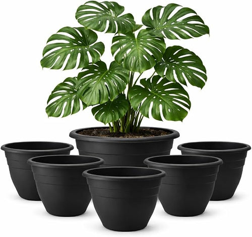 16 Inch Plant Pots Indoor Outdoor, 6 Pack Black Plastic Planters by RooTrimmer