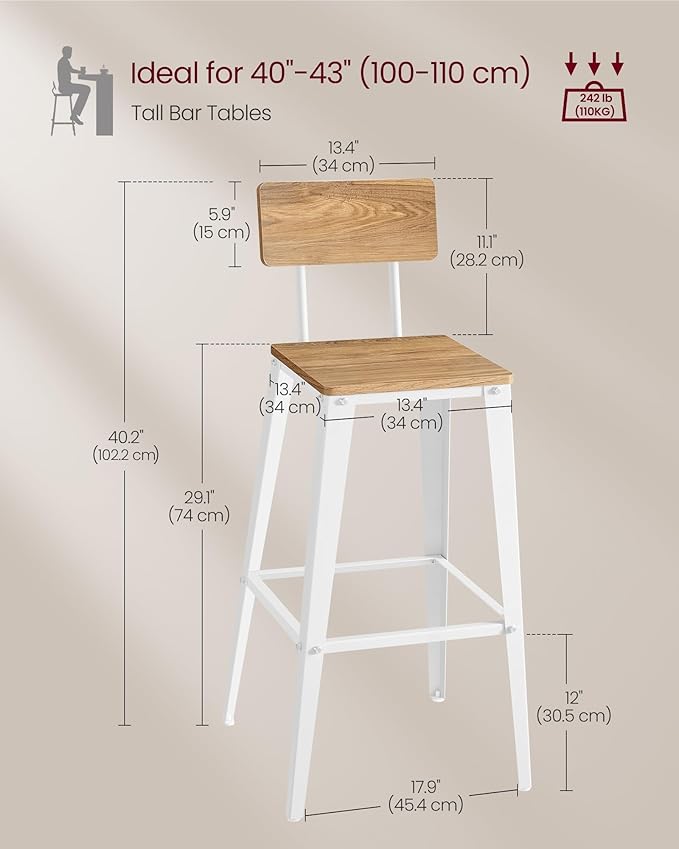 VASAGLE Set of 4 Bar Stools, Bar Height Stools, 29.1 Inches Tall Barstools - Image 2