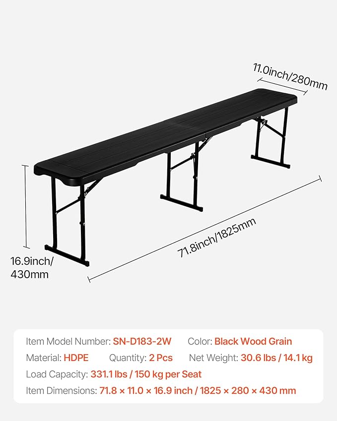 VEVOR Plastic Folding Bench, 6 ft Portable Bench - Image 3
