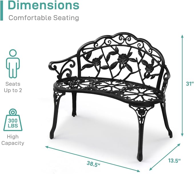 VINGLI 38.5" Patio Park Garden Outdoor Metal Rose Bench, 2-Person Cast Iron - Image 3