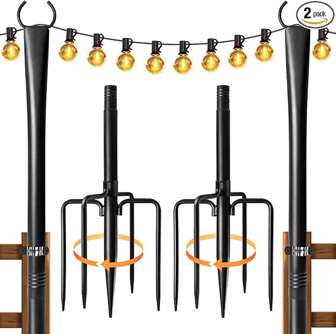 2 Pack String Light Poles for Outside, Thickened Metal Lights Hanger Pole by Fussion