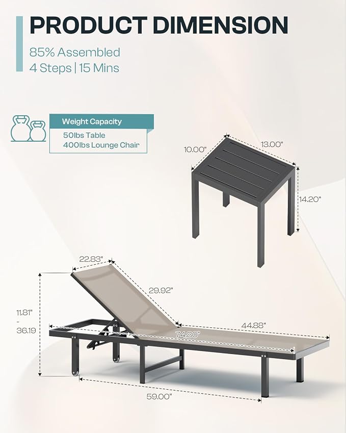 Lounge Chair Outdoor with Wheels, Aluminum Patio Chaise Lounge Chair with 5 - Image 2