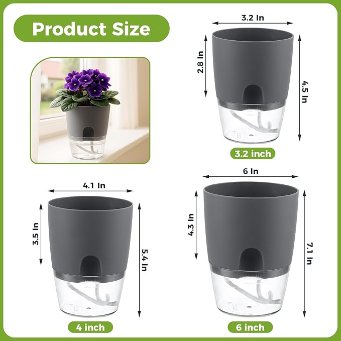 3 Pack Self Watering Pots for Indoor Plants, PlanterHoma 6 Inch Plant Pot - Image 3