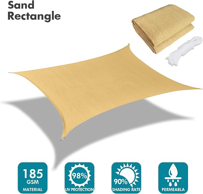 KANAGAWA 6'X10' Sand Custom Size Sun Shade Sail Rectangle UV Block Canopy Cover - Image 2