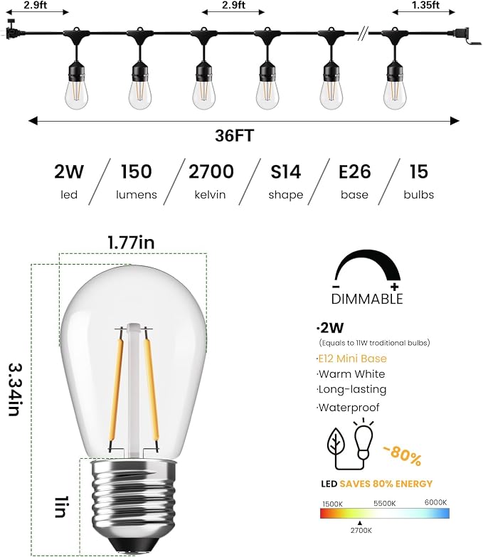Svater 36 FT Outdoor String Lights 2W, Commercial Grade Patio Light - Image 2