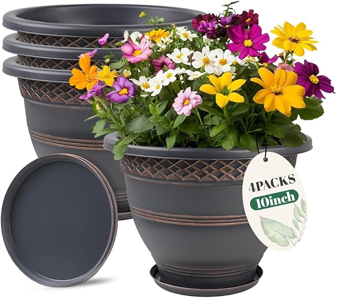 10 Inch 4 Pack Plant Pots, Plastic Flower Pot by Usocik