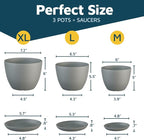 Gray Plant Pots with Drainage Holes & Saucers 3 Pack, Indoor & Outdoor - Image 2
