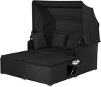 Moccha Outdoor Daybed with Retractable Canopy, Wicker Cabana with 2 Side Tables by LDAILY