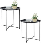 Garden 4 you End Table 2 PCS Metal Side Table Black Round Folding Tray Cyan by Garden4you