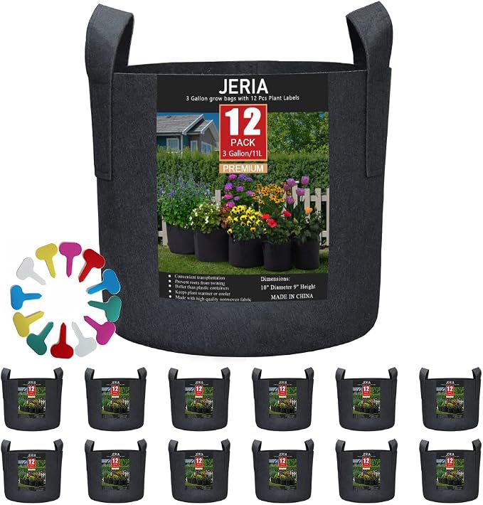 JERIA 12-Pack 3 Gallon Grow Bags, 300G Thickened Nonwoven Garden Pots, Heavy by JERIA