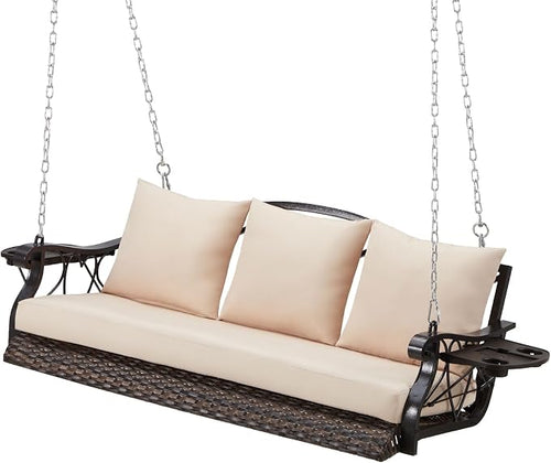 3-Person Wicker Porch Swing Chair Heavy Duty 900 LBS Outdoor Rattan Patio Swing by zzw