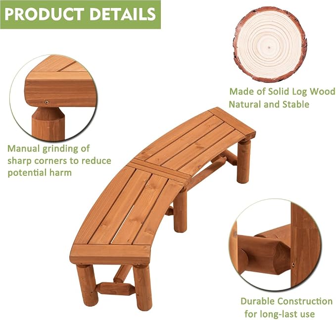 Outdoor Wooden Curved Backless Porch Bench Rustic Style Cedar/Fir Wood Log Fire - Image 6