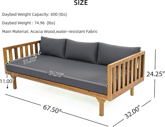 Merax Outdoor Acacia Wood Daybed, 3 Seater Day Bed Couch Sofa - Image 2