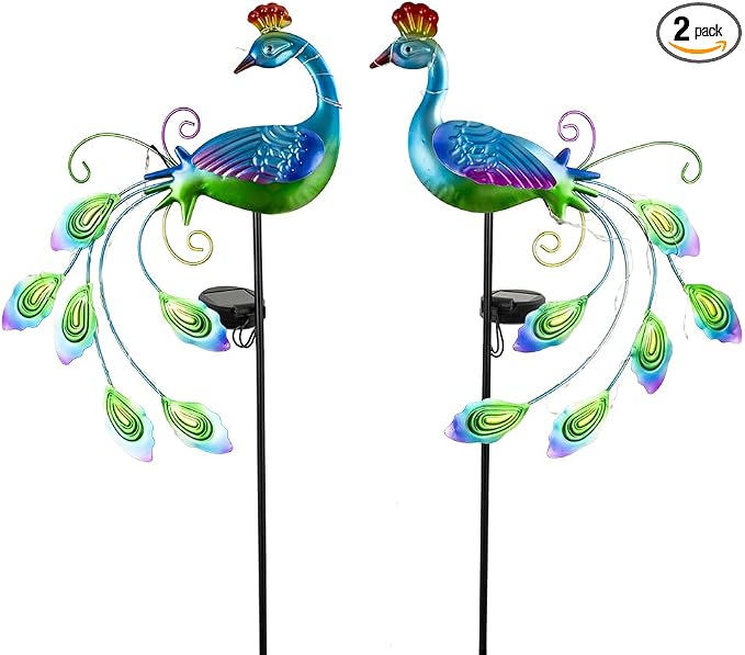 DREAMSOUL 2 Pack Metal Peacock Solar Lights Outdoor Waterproof LED Solar Lights by DREAMSOUL