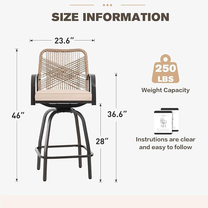 Patio Swivel Bar Stools Set of 6, Outdoor Rattan Height Bar Patio Swivel Chairs - Image 3