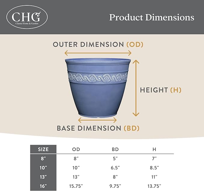 Classic Home and Garden Corinthian Round Resin Flower Planter Pot, Slate Blue 8" - Image 5