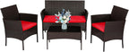 FDW | 4-Piece Patio Furniture Set | Brown & Red | Outdoor Wicker Furniture by FDW