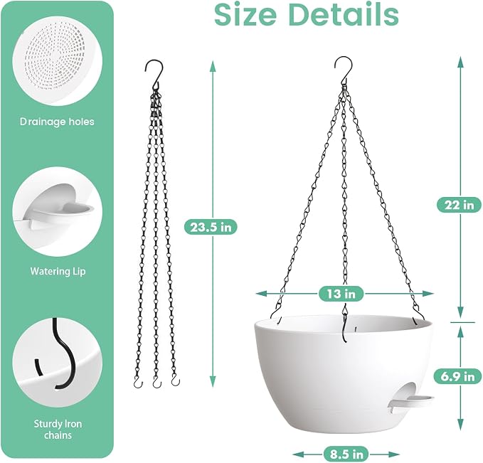 13 Inch 2 Pack Large Self Watering Hanging Planters - Image 5