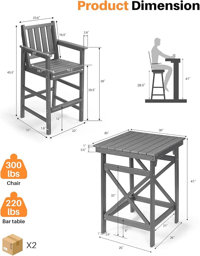 5 Pieces Adirondack Bar Chairs Set, HDPE Patio Bar Height Table and Chairs - Image 4