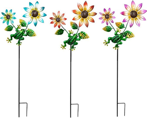 3 Pack Frog＆Flowers Garden Stakes Decor, Metal Yard Art Decorative Garden Stakes by SATHGA