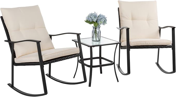 Shintenchi Outdoor 3-Piece Rocking Bistro Set, Wicker Patio Furniture Porch - Image 7
