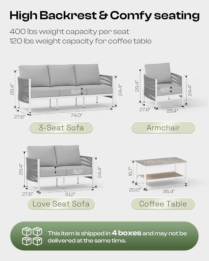 Aluminum Outdoor Patio Couch Loveseat, HDPE Rope Patio Sofa - Image 2