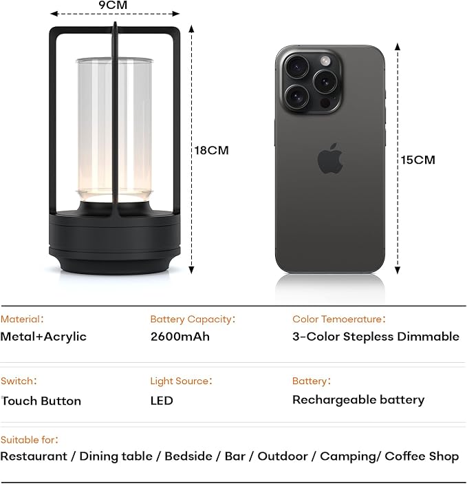 Portable Metal Table Lamp for Indoor/Outdoor, Rechargeable Cordless LED Lamp - Image 7