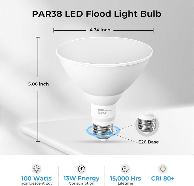 10 Pack PAR38 LED Outdoor Flood Light Bulbs, 100W Equivalent, 5000K Daylight - Image 2