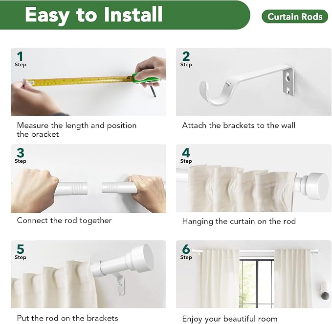 Curtain Rods for Windows 66 to 120, 1 Inch Adjustable White Extra Long Heavy - Image 9