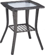 VINGLI Outdoor Side Table with Storage Wicker Patio Side Table, Tempered Glass by VINGLI