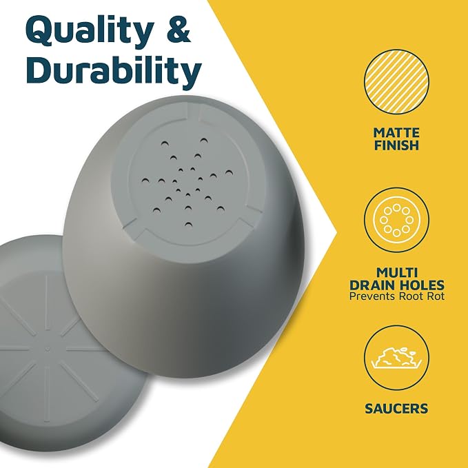 Gray Plant Pots with Drainage Holes & Saucers 15 Pack, Indoor & Outdoor - Image 7