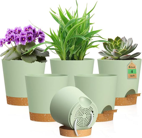 4 inch Self Watering Pots for Indoor Outdoor Plants, 6 Pack Plastic Flower by WSMKSZ