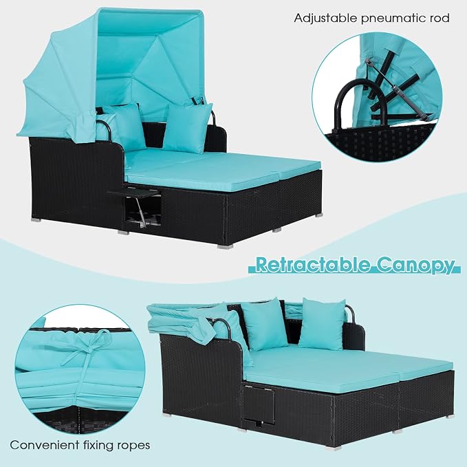 Moccha Outdoor Daybed with Retractable Canopy, Wicker Cabana with 2 Side Tables - Image 6