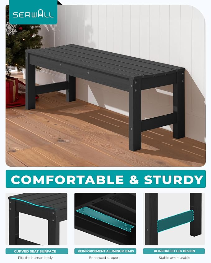 SERWALL 47 Inches Outdoor Bench Set of 2, All Weather HDPE Backless Bench - Image 6