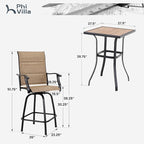 PHI VILLA 3 Piece Outdoor Swivel Bar Stools Set, Bar Height Patio Set - Image 3