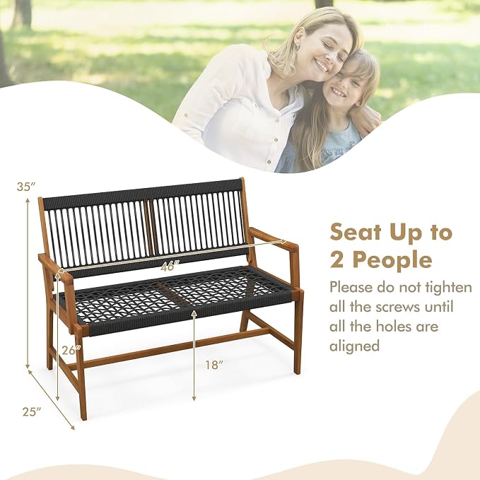 Tangkula Outdoor Acacia Wood Bench, All-Weather Rope Woven Garden Bench - Image 3