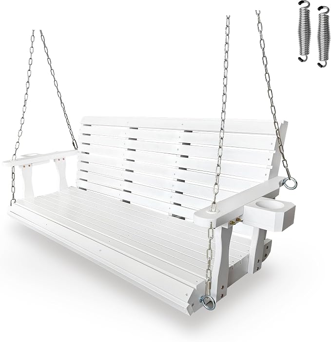 Wooden Porch Swing 3-Seater, High Backrest and Deep Seat, Bench Swing by FortuneCandy