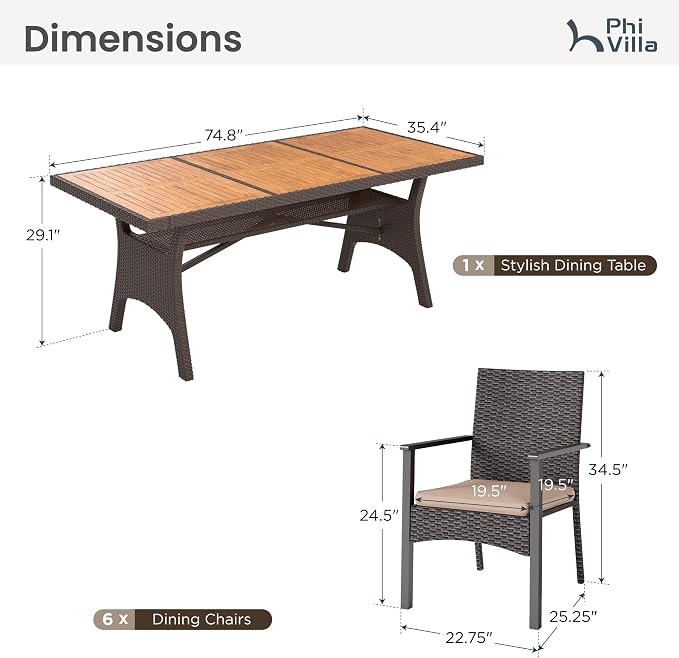 PHI VILLA Outdoor Dining Set for 6, Rectangular Rattan Table - Image 9
