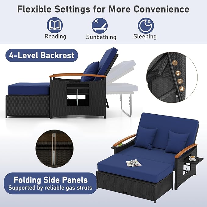 Moccha Outdoor Wicker Daybed, Patio Rattan Loveseat Sofa w/ 4-Level Adjustable - Image 2