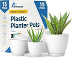 White Plant Pots with Drainage Holes & Saucers 15 Pack, Indoor & Outdoor by LIFEMASTER