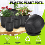 Plastic Plant Pots 10/9/8/7.5/7 inch Set of 5, Flower Planters - Image 3