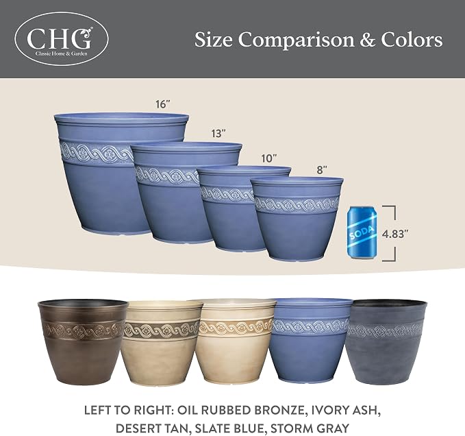 Classic Home and Garden Corinthian Round Resin Flower Planter Pot, Slate Blue 8" - Image 6