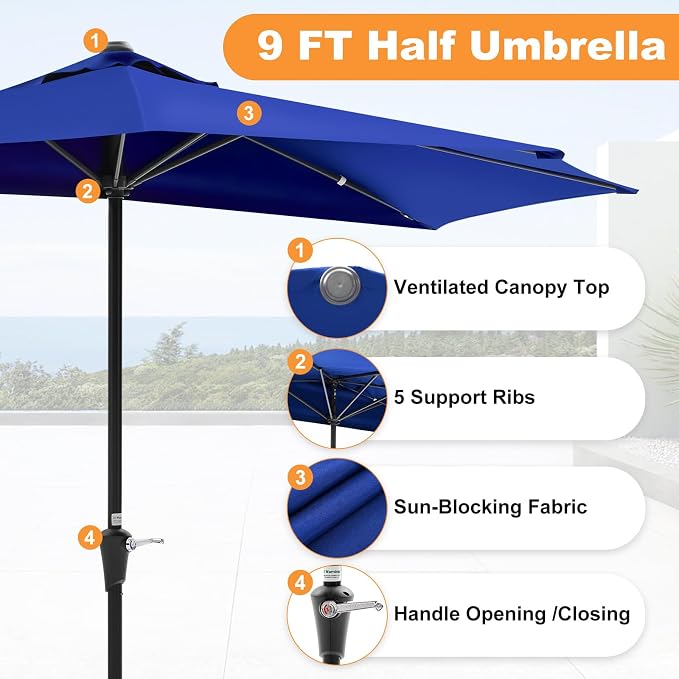 OLIXIS Half 9Ft Umbrella Outdoor Patio, Scalloped Patio Umbrella - Image 3