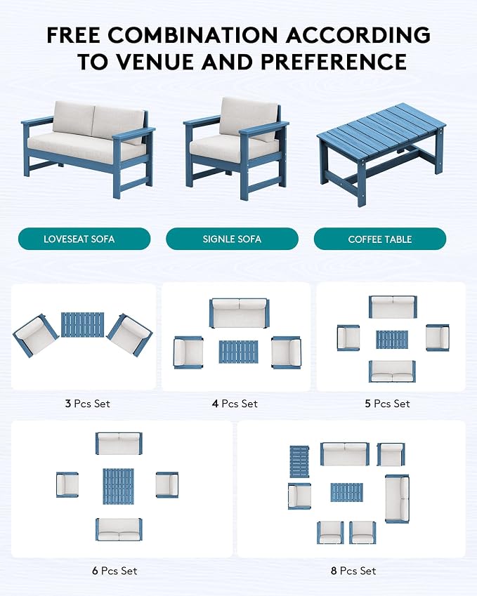 SERWALL 8 Pieces HDPE Outdoor Conversation Sofa Set - Image 3