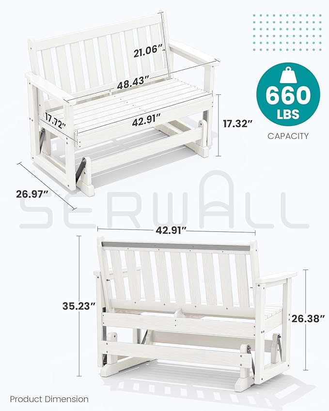 SERWALL Outdoor Glider Bench Set of 2, HDPE Weather-Resistant Swinging Bench - Image 2