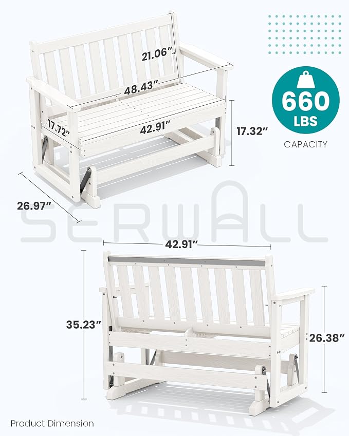 SERWALL 2 Person Patio Glider Rocking Chair, HDPE Material Weather-Resistant - Image 2