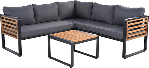 4 Pieces Outdoor Patio Conservation Set, Metal and Wood Frame Sectional - Image 2