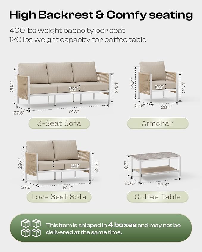 Aluminum Outdoor Patio Couch, 3 Seats HDPE Rope Patio Sofa - Image 2